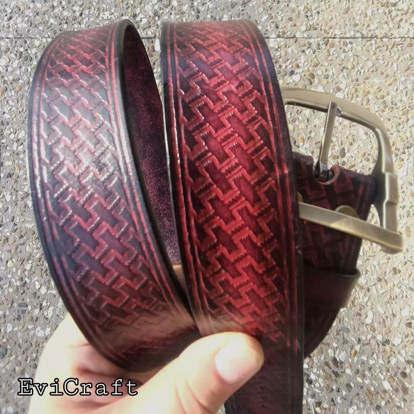 Leather belt handmade red black unique ooak gift-image