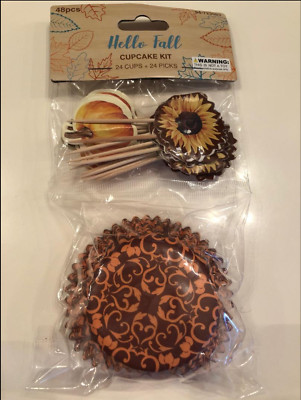 THANKSGIVING FALL PUMPKINS SUNFLOWERS CUPCAKE TOPPERS AND LINERS 24 PIECES