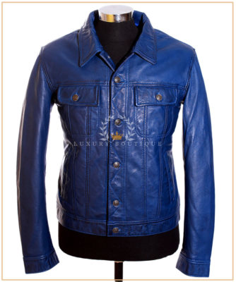 Convoy blau Herren Trucker Freizeit Biker echtes Lammfell weiches Leder Shirt Jacke