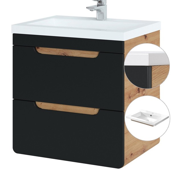 Waschtisch Unterschrank Set 60Cm Keramik Waschbecken BadmöBel Badezimmer Eiche-image