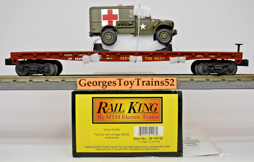MTH RAILKING #58418 UP UNION PACIFIC VAGÓN PLANO CON AMBULANCIA DODGE 30-76742 NUEVO EN CAJA | Condition: New