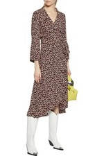NWT GANNI Brown Floral Logo Print Crepe Hi-Lo Midi Wrap Dress, Size 40/8/10