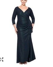 $249 XSCAPE Metallic-Threaded Gathered-Waist Dress Sz 8 Dark Green NWT