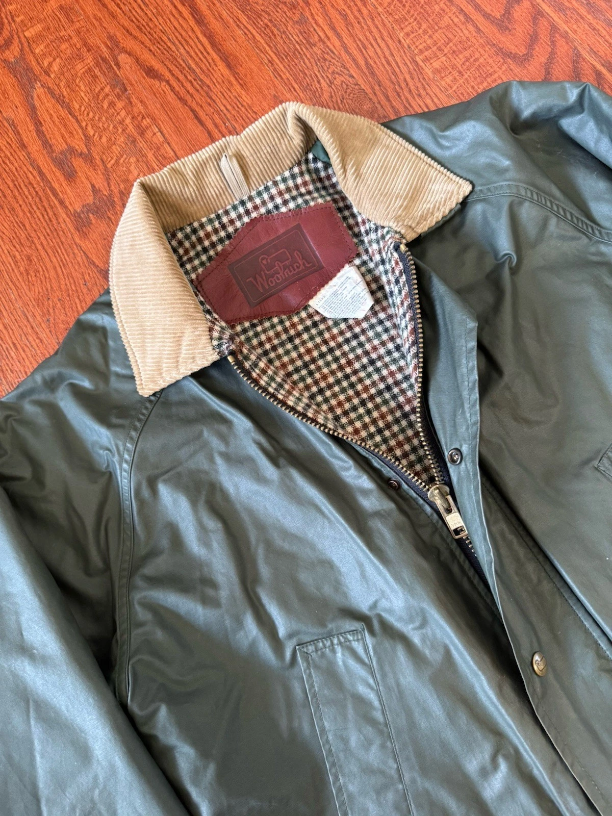 VTG Woolrich Mens Waxed Cotton Field Jacket Sz S Green Tartan Wool Lined USA