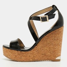 Jimmy Choo Portia Size 37.5 Black Patent Leather Wedge Sandals