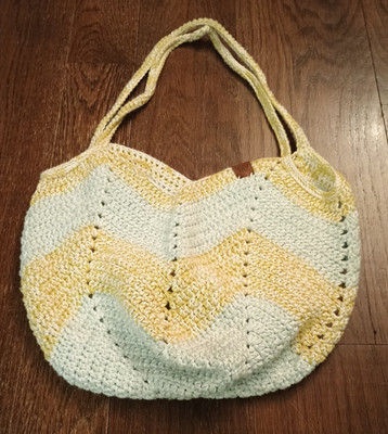 Handmade Crochet by Laurie Tulip Bottom 2 Handles Blue Yellow Tote Shoulder Bag