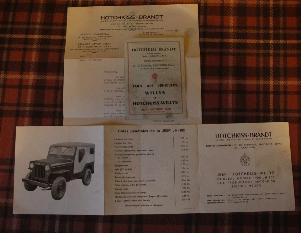 Hotchkiss Brandt Willys jeep années 1960 lot trois documents automobile - Photo 2/2