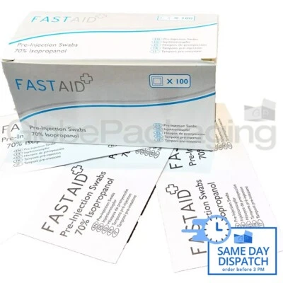 100 x Fastaid 70% Alcohol Swabs Wipes 30x60mm - Hand Body Screen Laptop Surfaces