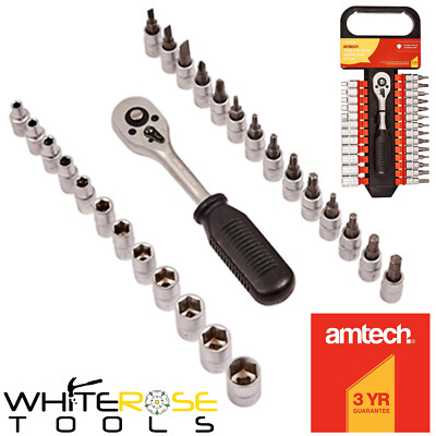 Amtech Socket Bit Set Ratchet Handle Phillips Torx Hex I0225 27pc 1/4'' Drive