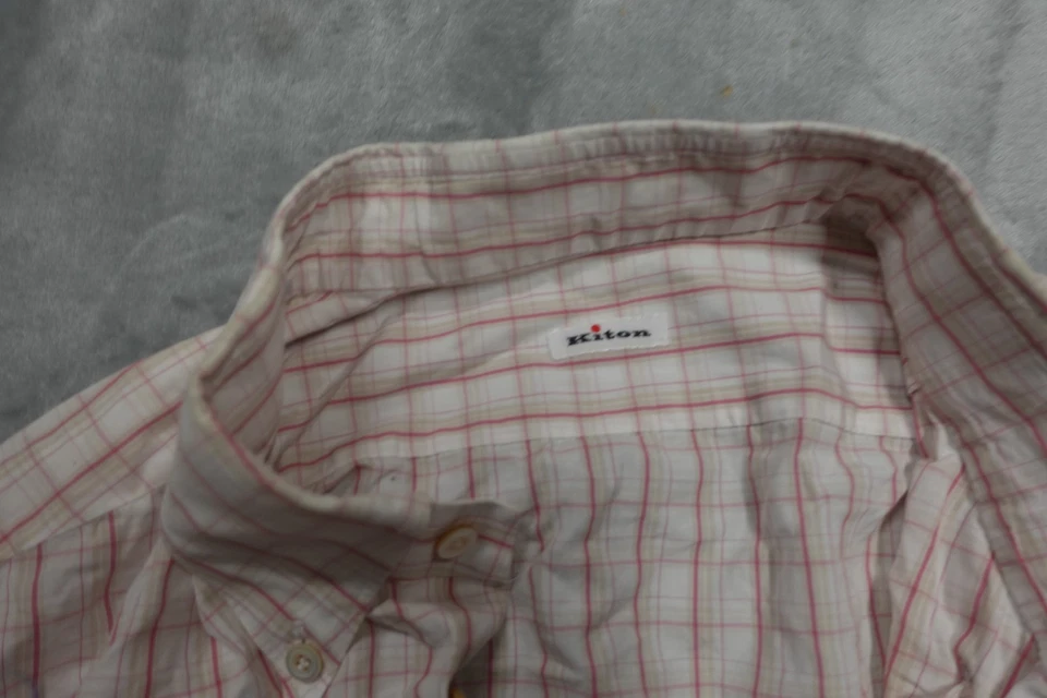 Camisa de negocios KITON Napoli Italia para hombre talla 17/34,5 a cuadros roja/blanca Foto 3 de 4