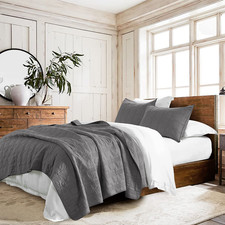 100 Cotton Quilt Set King Size, Dark Grey Pre-Washed 3-Piece Bedspread Coverlet