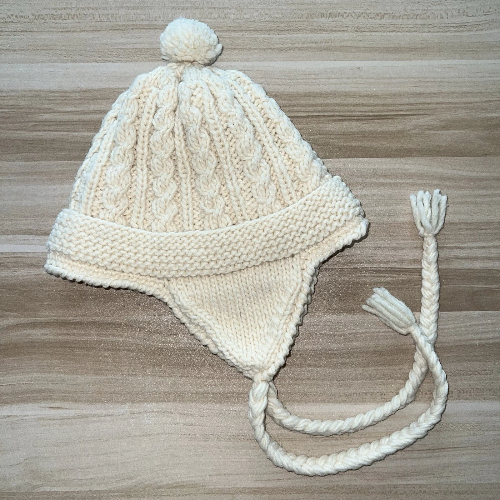 Wool Cable Knit Trapper Hat Ear Flaps Hat O/S Made in Ecuador Fleece Lined