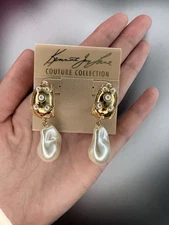 Kenneth Jay Lane Gold Pearl Drop Half Hoop Earrings Women Jewelry KJL