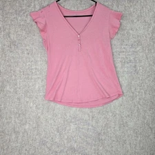 Pink V-Neck Ruffled Sleeve Top By Loft Size M Cotton Blend