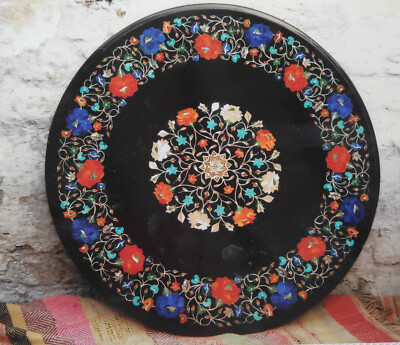 18'' black round marble coffee table top semi precious stone lapis inlay art home