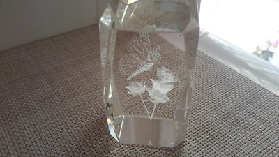 3D Laser Etched Crystal Rectangular Prism Glass Paper Weight Butterfly/Flowers 