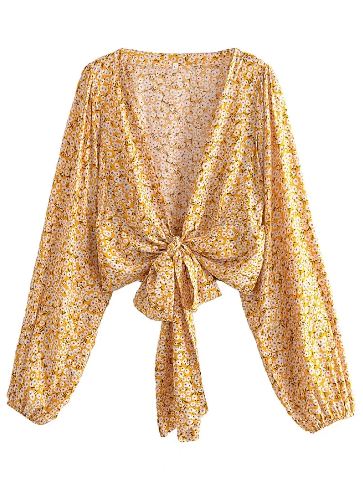 Golden Bloom Boho Floral Print Long Sleeve Crop Top, Beach Coverup, Gypsy Blouse