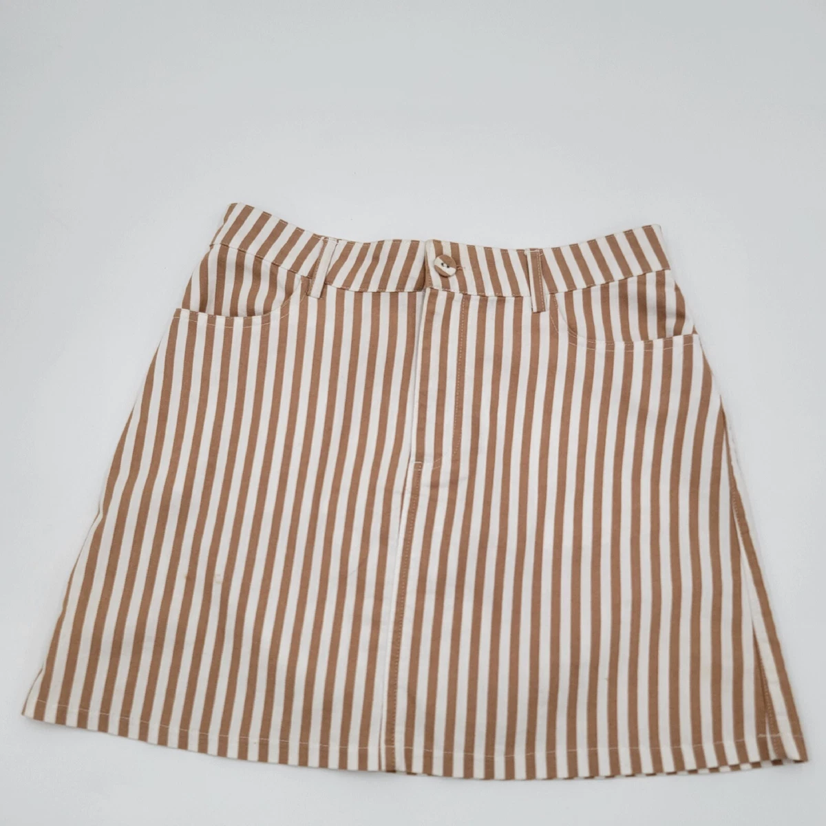Forever 21 Tan White Striped Zipfly Mini Skirt Slanted Pockets Size Small