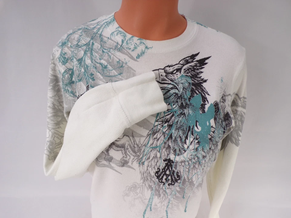 Camisa Arcaica De Colección EE. UU. Hombres Mujeres S/M Dragón Gótico Algodón LS Crema Turquesa B24 Foto 4 de 4