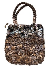 Maya Brown Wood Resin Abalone Beaded Double Handle Charm Vintage Art-to-wear Bag
