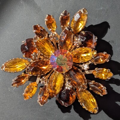 Vintage Jewel Topaz & Amber Rhinestone Pin/ Brooch 2 1/8 Inches