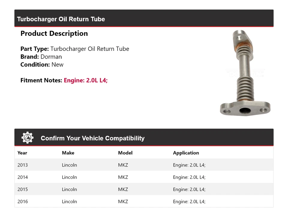 For 2013-2016 Lincoln MKZ 2.0L L4 Dorman Turbocharger Oil Return Tube 2014 2015 - Image 2 of 4