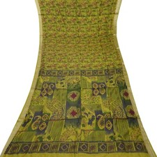Vintage Green Sarees 100 Pure Silk Printed Zari Border Sari 5YD Craft Fabric