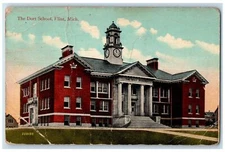1915 The Dort School Building Clock Tower Flint Michigan MI Antique Postcard