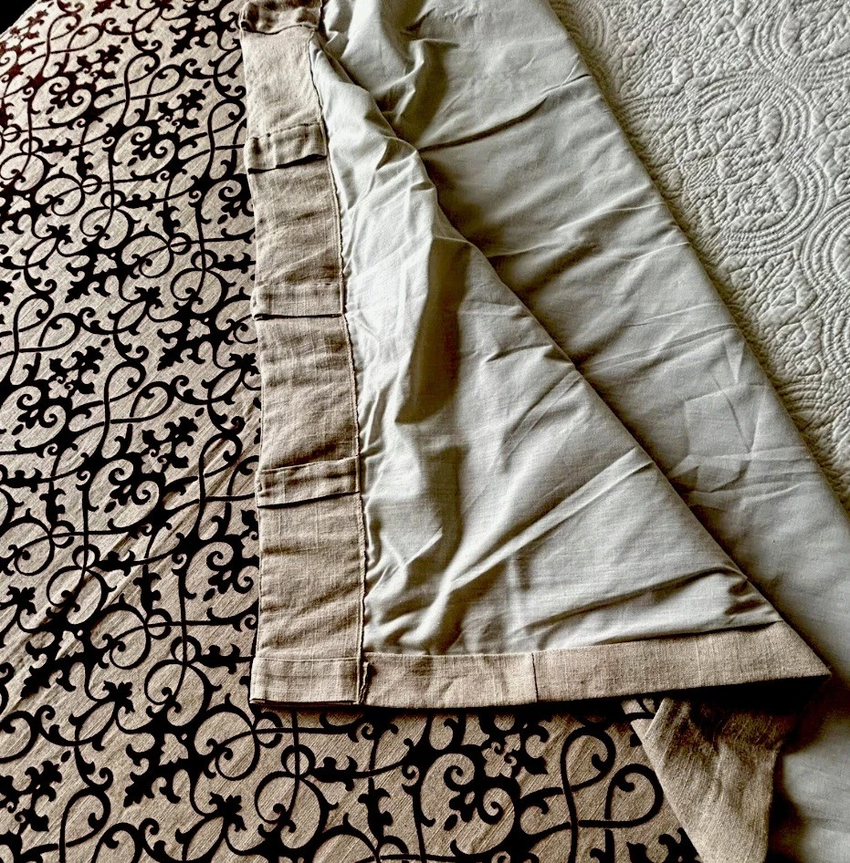 Paneles de cortinas personalizados 102”L mezcla de lino caqui? Par con diseño de terciopelo marrón Foto 3 de 3