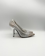 Gucci Silver Leather Heels Laser Cut Stripe Metallic Y2K Vintage Sz EU 36.5C 6.5