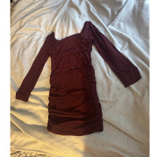 SheIn Women’s Burgundy Square Neck Ruched Bodycon Mini Dress Long Sleeve L