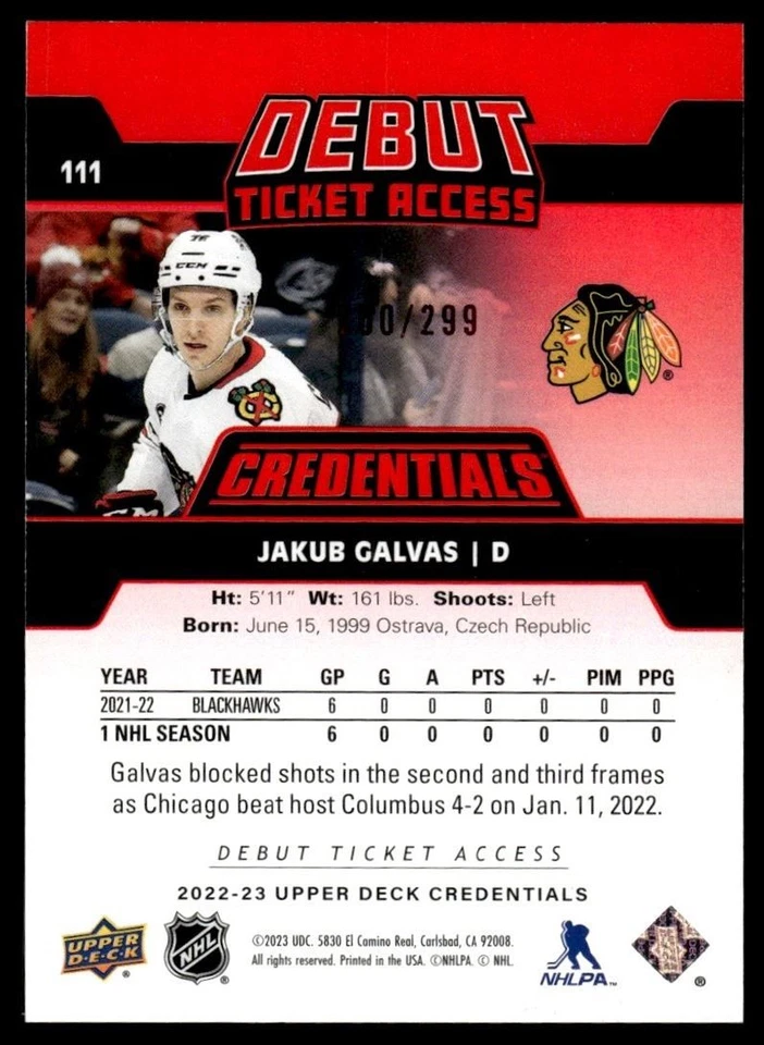 2022-23 Upper Deck Credentials Ticket Access Red Jakub Galvas RC /299 #111 - Image 2 of 2