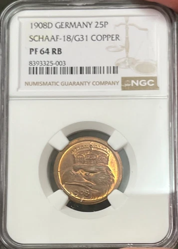 1908-D Germany 25 Pfennig   Scaaf # 18/G31  NGC PROOF-64 RB     Freshly Graded