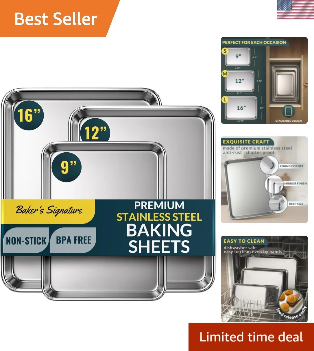 Baker’s Signature Stainless Steel Cookie Sheet Pan, Stainless Steel Baking Sh...
