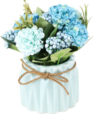 SUPNIU Artificial Hydrangea Bouquet with Small Ceramic Vase Fake Silk Variety Fl