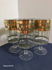 Vintage Cera Glass Cora Water Goblets Grecian Gold 22K Green Grapes  Set of 5