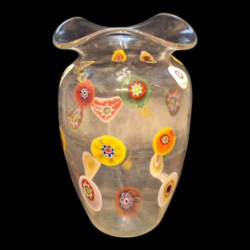 VINTAGE Murano Leonardo Millefiori Art Glass 6 1/2"  VASE Clear Thin Lightweight