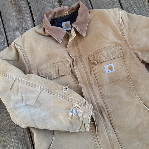 Super sick Thrashed Vintage Carhartt tan & brown Canvas Chore jacket Size L - product listing photo