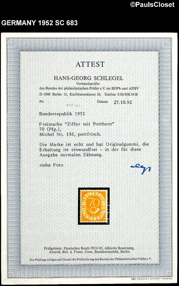 GERMANY 1952 SC 683 NUMERAL & POST HORN DP YELLOW 70pf MNH OG F/VF - Image 2 of 3