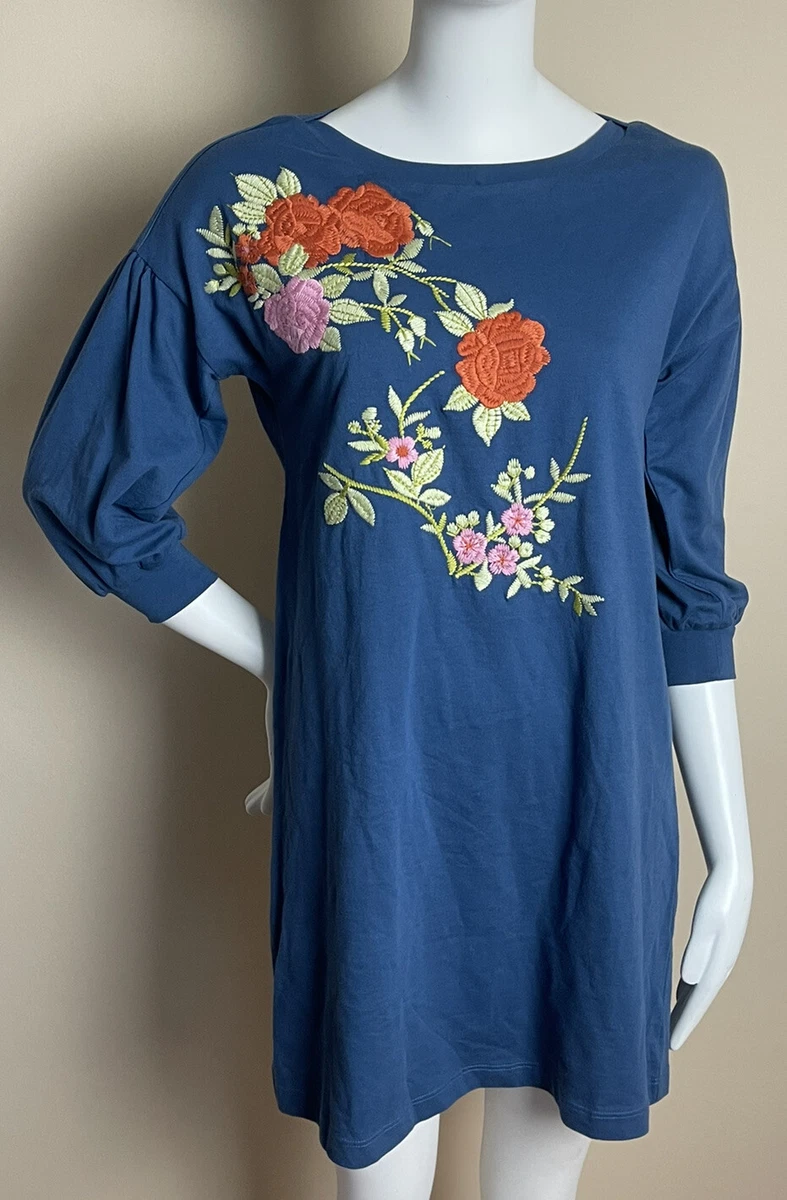 Anthropologie Tiny Embroidered Blue T Shirt Dress Size Small NWOT 148