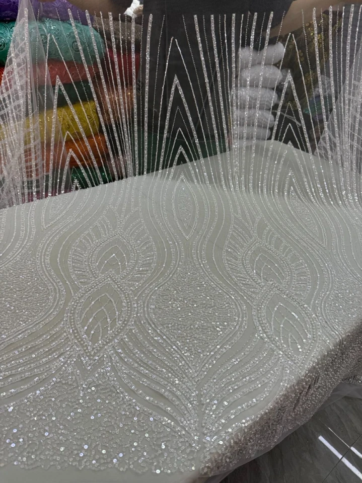 YQOINFKS Novia Cuentas Mujeres Nuevo Lentejuelas Tela Tul Encaje Bordado Malla 5 Yardas Foto 2 de 4