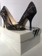 Nine West Black Lace open Toe Heels Womens Evening Shoes Pumps