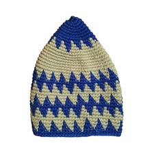 Kids Hand Crocheted Thick Soft Cotton Cobalt Blue & Khaki Kufi Cap Zigzag Design