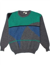 VINTAGE Mens Crew Neck Jumper Sweater XL Grey Colourblock Acrylic DI70