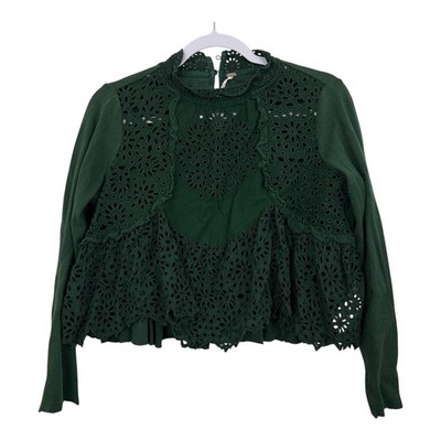 Free People Eyelet Crop Top Brittany Embroidered Sz Medium Green Bell Sleeve