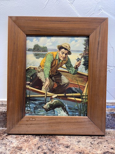 Vintage Fishing Print J.F. Kernan “When Seconds Count” Framed  Cabin Wall Art