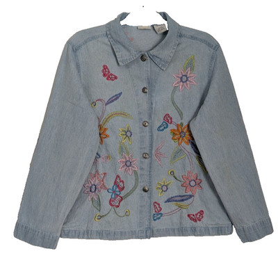 White Stag Women's Medium Embroidered Denim Jacket Vintage Blue Jean Boho Multi