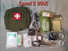 COMPLETE LEVEL TWO IFAK KIT IN OD GREEN POUCH. TRAUMA SUPPLIES, FIRST AID. NEW