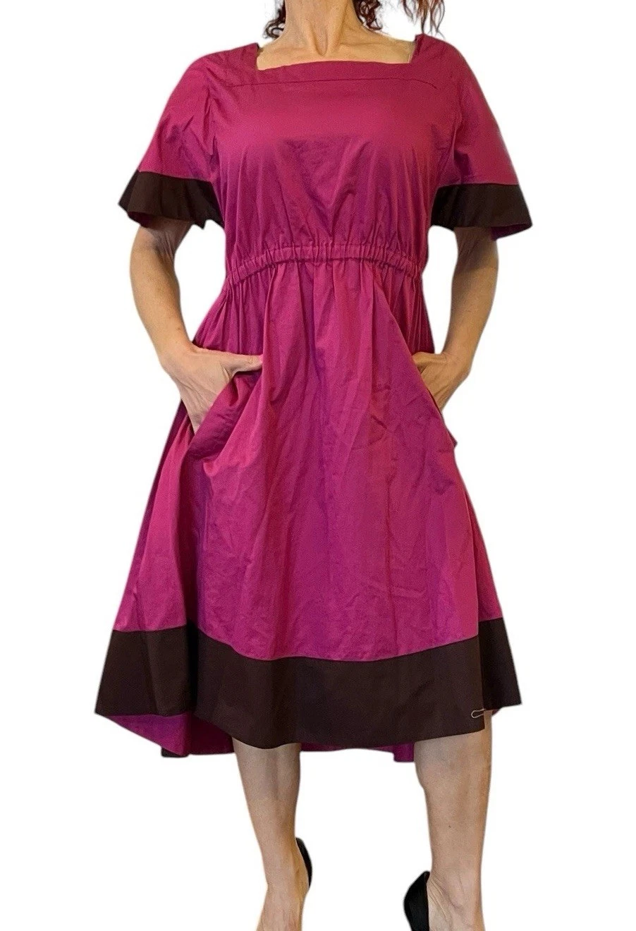 VETEMENTS SONIA RYKIEL ABITO COTONE VIOLA ADERENTE SVASATO MANICA CORTA COLOR BLOCK MIDI 38 6