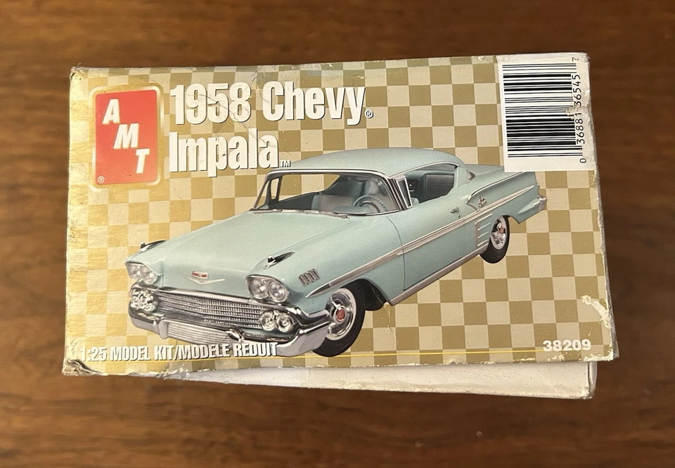 1958 Chevy Impala 1/25 AMT Model Kit #38209 Open Box Sealed Bags - Image 3 of 4